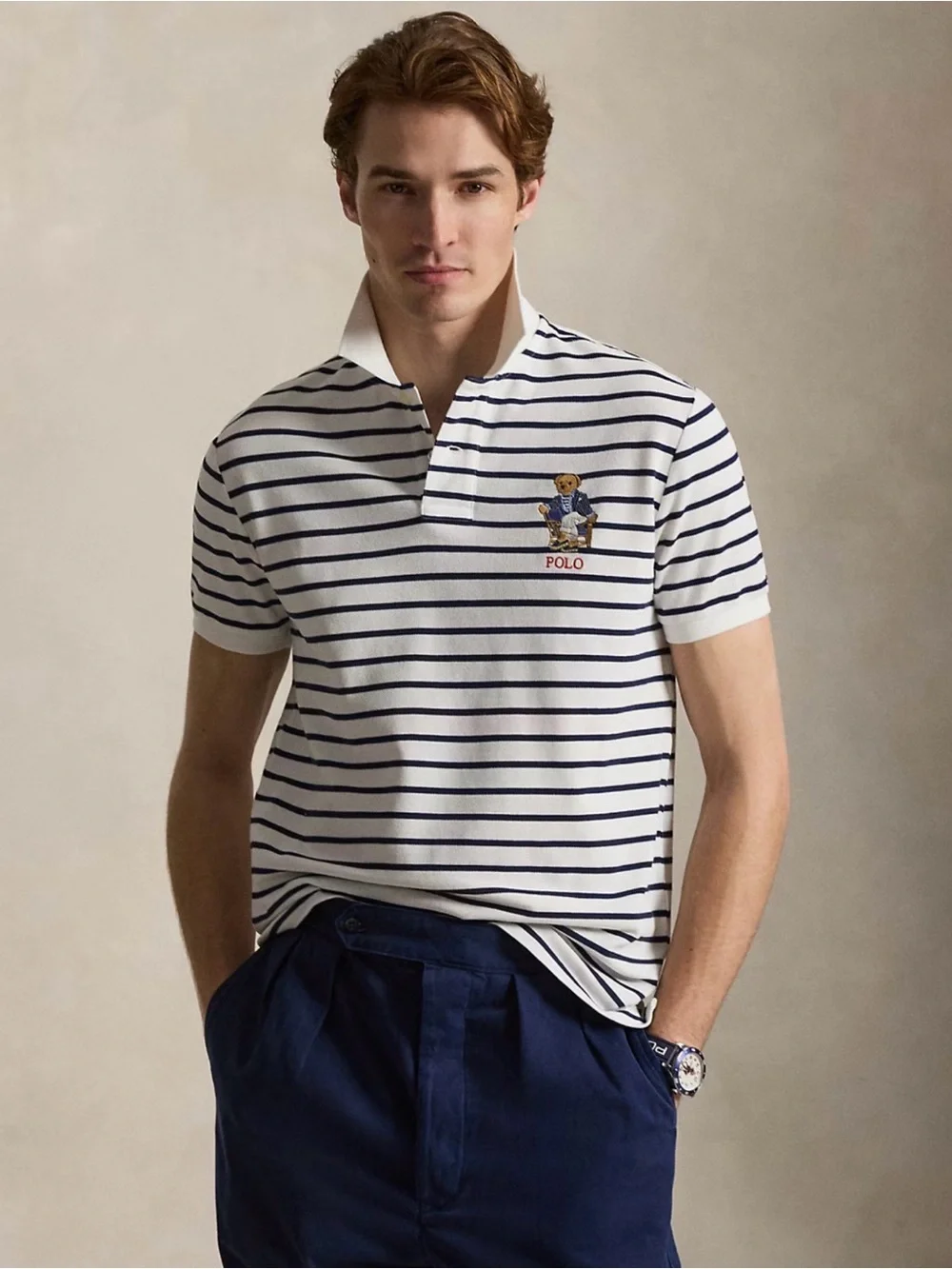 🔥Polo Ralph Lauren Custom Slim Fit Polo Bear Polo Shirt. White/Navy, 2XL NWT🏷️🐻